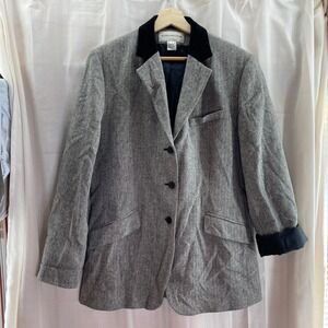 Evan Picone Blazer Size 14 Gray Black Herringbone Velvet Collar Long Sleeve Wool